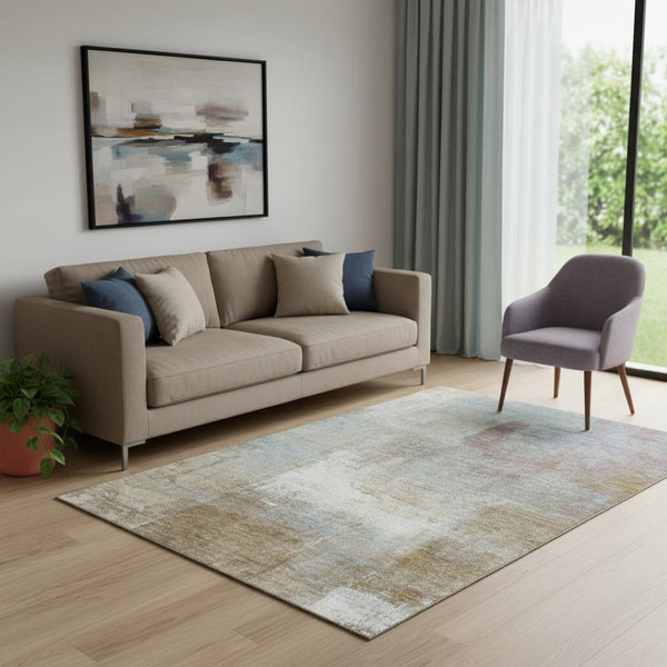 HomeRoots 5' X 8' Coffee, Ivory & Blue Abstract Area Rug - Washable, UV-Protected, Non-Slip for Busy Homes! 692795