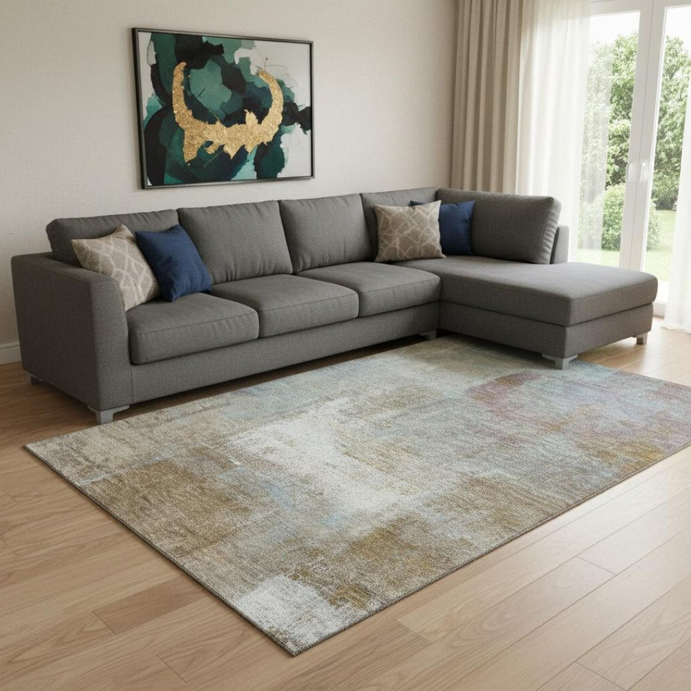 HomeRoots 8' Modern Abstract Washable Area Rug in Coffee, Ivory & Blue - UV Protected for Family Homes 692797
