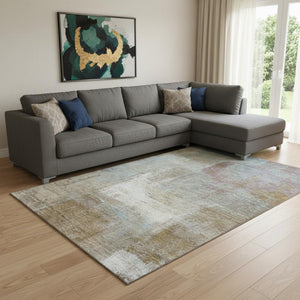 HomeRoots 8' Modern Abstract Washable Area Rug in Coffee, Ivory & Blue - UV Protected for Family Homes 692797