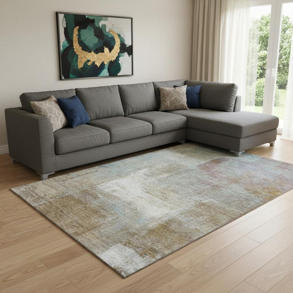 HomeRoots 8' Modern Abstract Washable Area Rug in Coffee, Ivory & Blue - UV Protected for Family Homes 692797