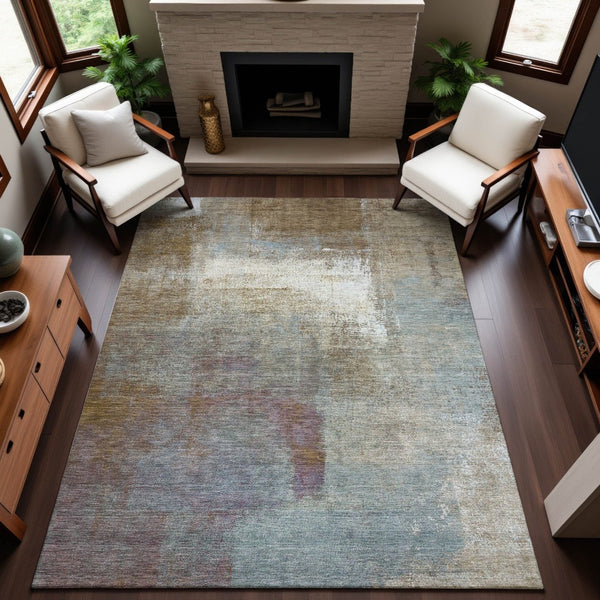 HomeRoots 9' X 12' Coffee Ivory Blue Abstract Washable Area Rug - UV Resistant, Durable, Stylish & Non-Slip 692798