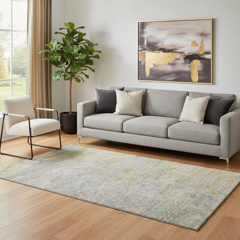 HomeRoots 5' X 8' Stylish Gray Gold Ivory Abstract Area Rug - Washable, UV Protected, Stain-Resistant Design 692801
