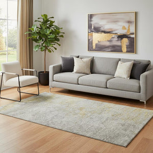 HomeRoots 5' X 8' Stylish Gray Gold Ivory Abstract Area Rug - Washable, UV Protected, Stain-Resistant Design 692801