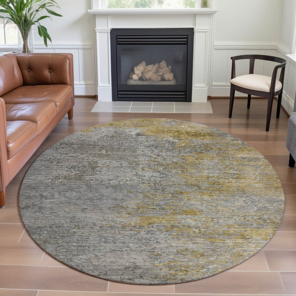 HomeRoots 8' Washable Round Rug in Modern Gray, Gold & Ivory Abstract Design with UV Protection & Durability 692802