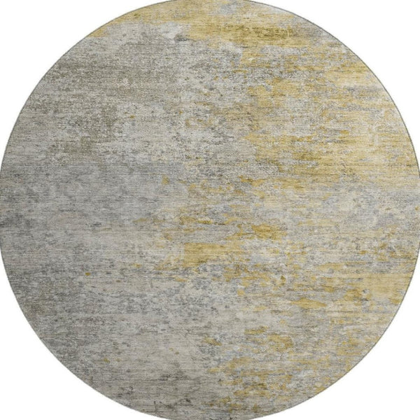 HomeRoots 8' Washable Round Rug in Modern Gray, Gold & Ivory Abstract Design with UV Protection & Durability 692802