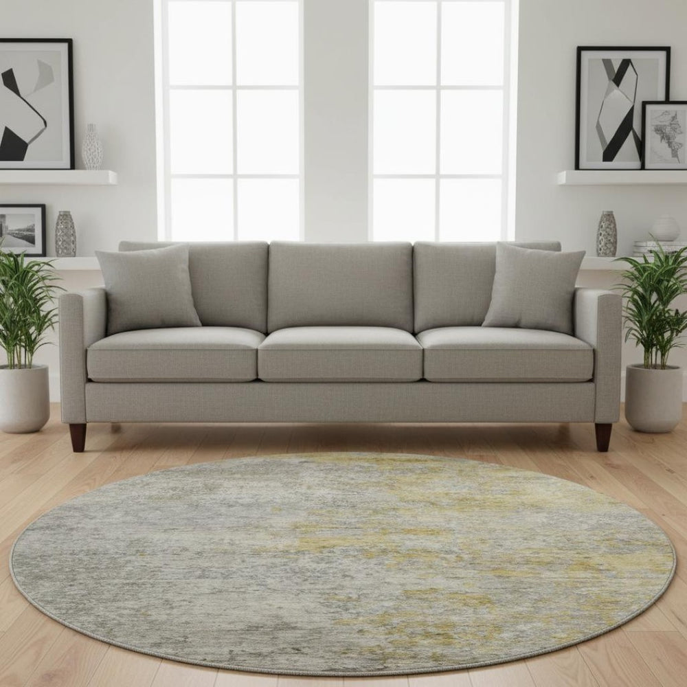 HomeRoots 8' Washable Round Rug in Modern Gray, Gold & Ivory Abstract Design with UV Protection & Durability 692802
