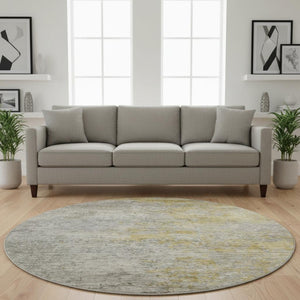 HomeRoots 8' Washable Round Rug in Modern Gray, Gold & Ivory Abstract Design with UV Protection & Durability 692802