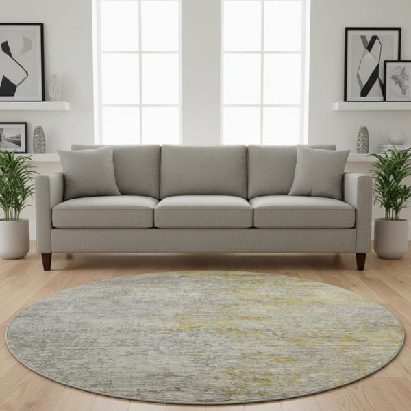 HomeRoots 8' Washable Round Rug in Modern Gray, Gold & Ivory Abstract Design with UV Protection & Durability 692802