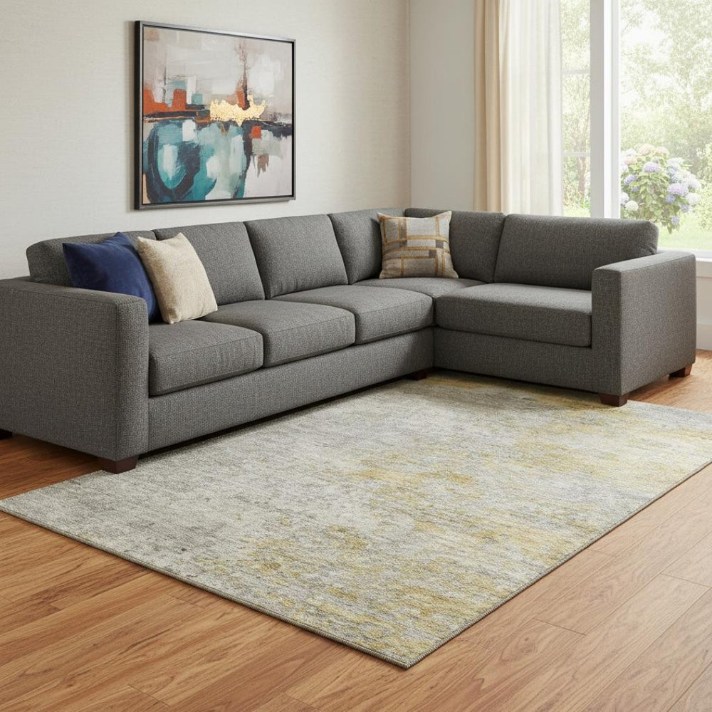 HomeRoots 8' Gray Gold and Ivory Abstract Washable Area Rug - Durable, UV-Protected, Modern Design for Any Room 692803