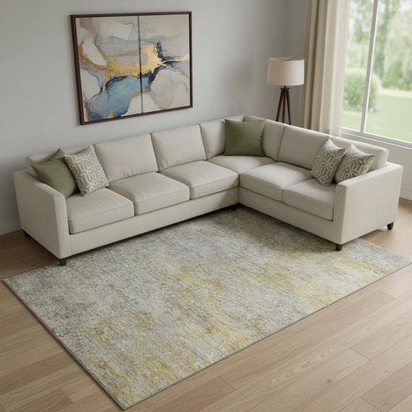 HomeRoots 9' X 12' Washable Gray Gold Ivory Abstract Area Rug with UV Protection, Perfect for Busy Homes 692804