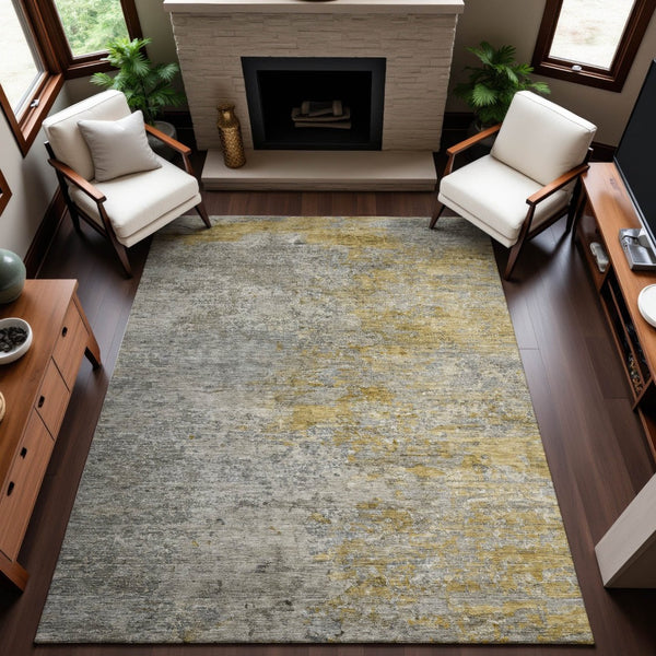 HomeRoots 9' X 12' Washable Gray Gold Ivory Abstract Area Rug with UV Protection, Perfect for Busy Homes 692804