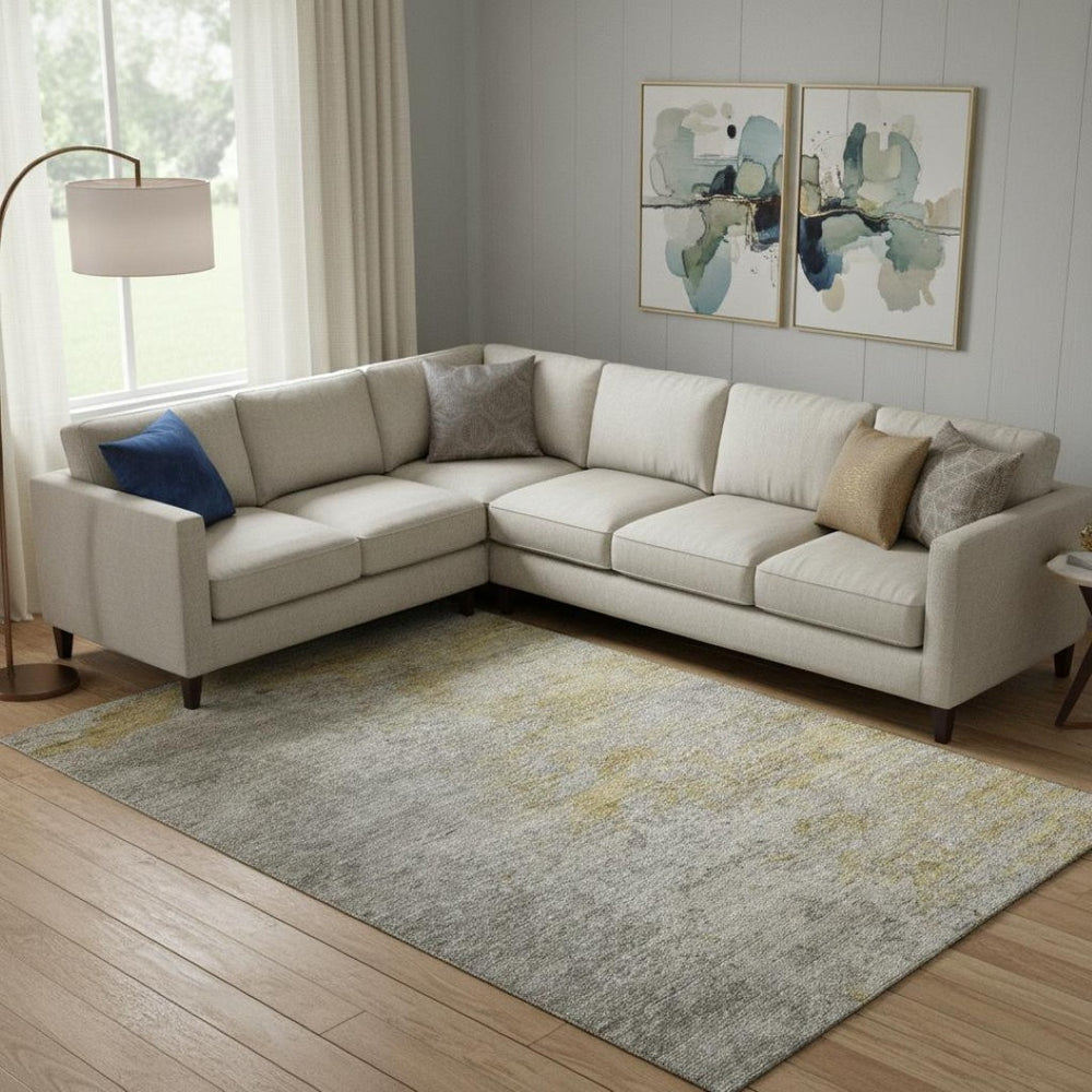 HomeRoots 10' Modern Gray Gold Ivory Abstract Area Rug - Washable, UV Protected, Durable for High-Traffic Areas 692805