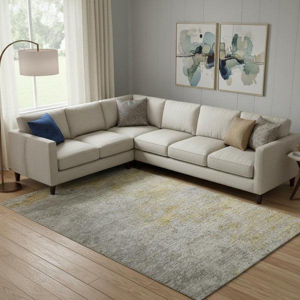 HomeRoots 10' Modern Gray Gold Ivory Abstract Area Rug - Washable, UV Protected, Durable for High-Traffic Areas 692805