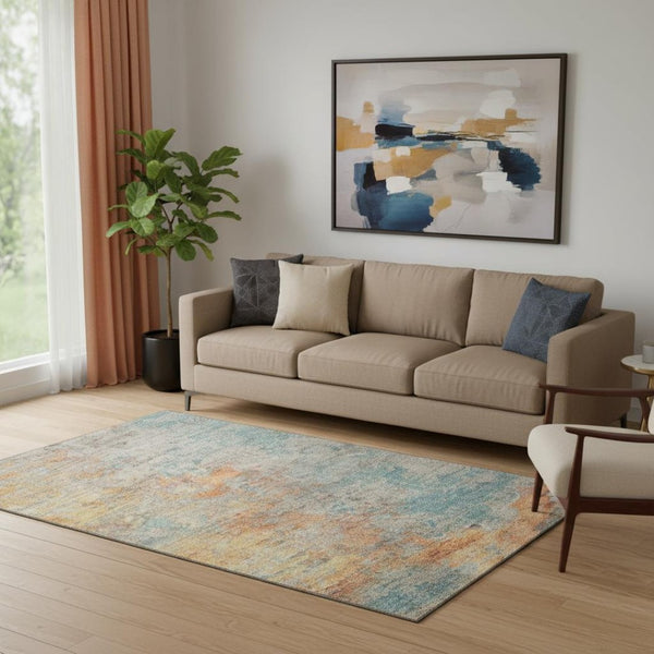 HomeRoots 5' X 8' Abstract Washable Area Rug in Teal, Peach & Gold - Stylish, Durable, UV-Resistant Design! 692807