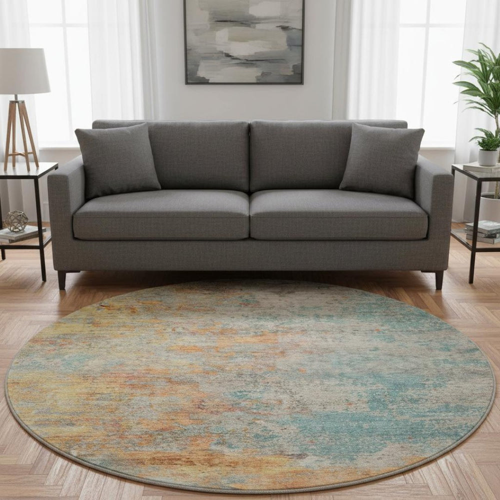 HomeRoots 8' X 8' Abstract Teal, Peach & Gold Washable Round Rug - UV Protected, Stain Resistant & Durable! 692808