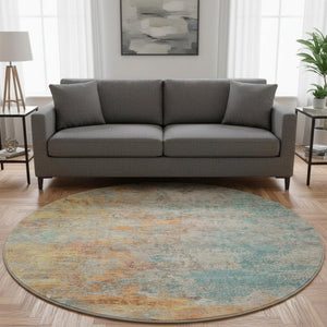 HomeRoots 8' X 8' Abstract Teal, Peach & Gold Washable Round Rug - UV Protected, Stain Resistant & Durable! 692808