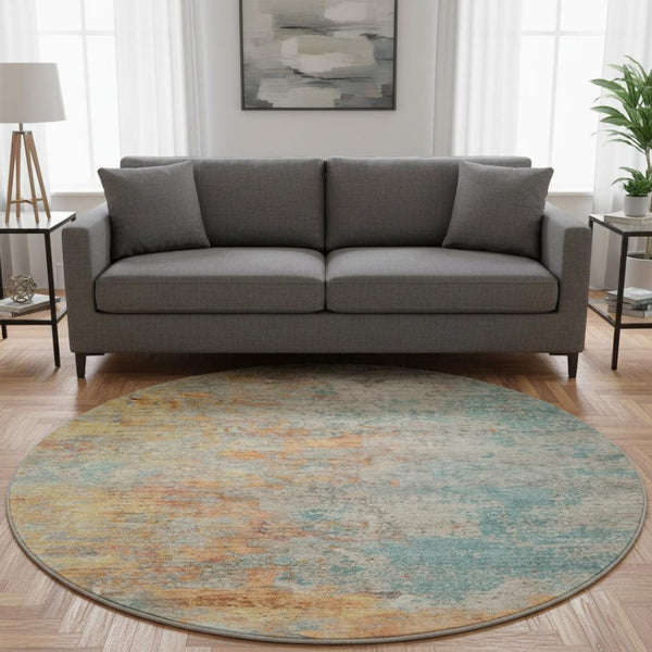 HomeRoots 8' X 8' Abstract Teal, Peach & Gold Washable Round Rug - UV Protected, Stain Resistant & Durable! 692808