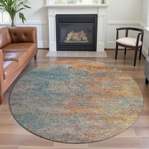 HomeRoots 8' X 8' Abstract Teal, Peach & Gold Washable Round Rug - UV Protected, Stain Resistant & Durable! 692808