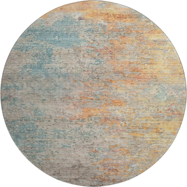 HomeRoots 8' X 8' Abstract Teal, Peach & Gold Washable Round Rug - UV Protected, Stain Resistant & Durable! 692808