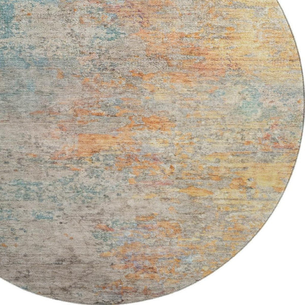 HomeRoots 8' X 8' Abstract Teal, Peach & Gold Washable Round Rug - UV Protected, Stain Resistant & Durable! 692808