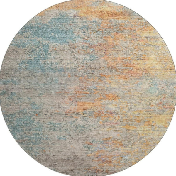 HomeRoots 8' X 8' Abstract Teal, Peach & Gold Washable Round Rug - UV Protected, Stain Resistant & Durable! 692808