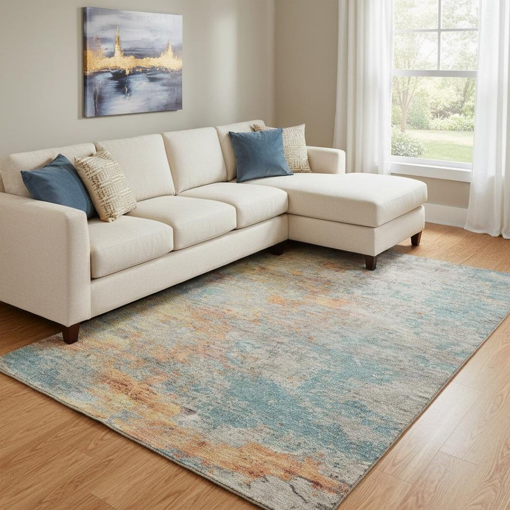 HomeRoots 8' Teal Peach and Gold Abstract Area Rug - Washable, UV-Protected, Durable Design for Any Space 692809