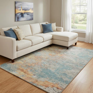 HomeRoots 8' Teal Peach and Gold Abstract Area Rug - Washable, UV-Protected, Durable Design for Any Space 692809