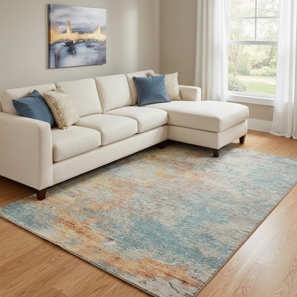 HomeRoots 8' Teal Peach and Gold Abstract Area Rug - Washable, UV-Protected, Durable Design for Any Space 692809