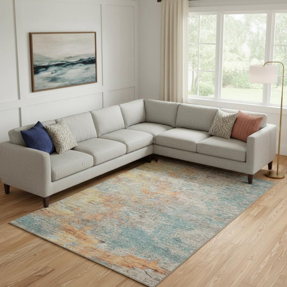 HomeRoots 9' X 12' Washable Abstract Area Rug in Teal, Peach & Gold – UV Protected, Durable & Stylish Design 692810