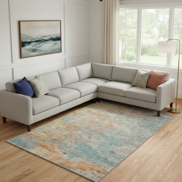HomeRoots 9' X 12' Washable Abstract Area Rug in Teal, Peach & Gold – UV Protected, Durable & Stylish Design 692810