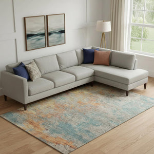 HomeRoots 10' Teal Peach & Gold Abstract Washable Area Rug – Durable, Stain-Resistant, UV Protected Elegance 692811