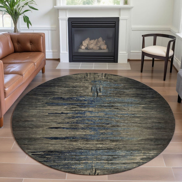 HomeRoots 8' X 8' Washable Round Rug in Coffee & Navy Blue - Durable, Stylish, UV-Protected for Everyday Living 692814