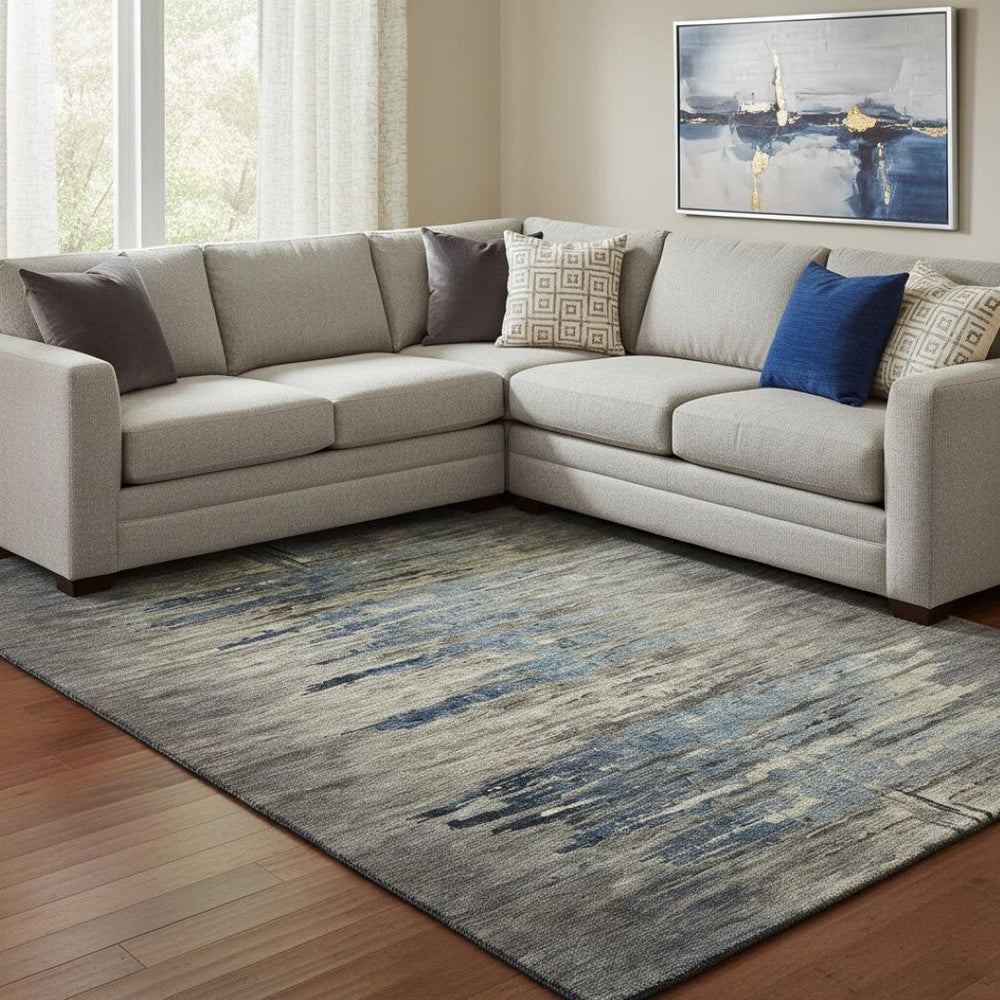 HomeRoots 8' Durable Coffee and Navy Abstract Washable Area Rug with UV Protection for Modern Spaces 692815