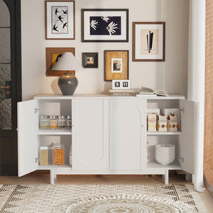 English Elm Stylish 4-Door Intaglio Storage Cabinet with Pine Legs and Solid Wood Pulls, Mid-Century Modern Console White W757P151917