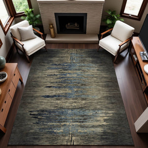 HomeRoots 10' X 14' Stylish Coffee and Navy Blue Abstract Washable Area Rug with UV Protection for Modern Homes 692817