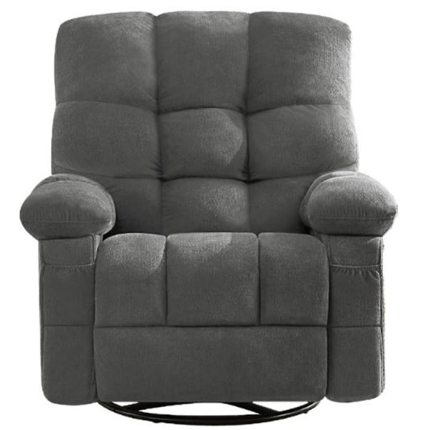 HomeRoots 39" Gray Tufted Chenille Heated Massage Recliner with USB, Rocker, Swivel, and Storage Solutions 692818