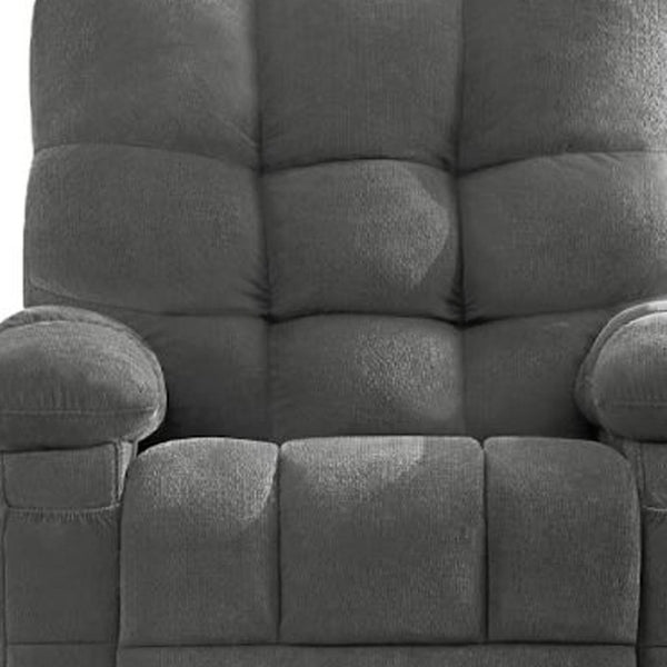 HomeRoots 39" Gray Tufted Chenille Heated Massage Recliner with USB, Rocker, Swivel, and Storage Solutions 692818