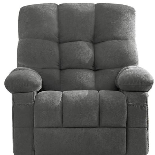 HomeRoots 39" Gray Tufted Chenille Heated Massage Recliner with USB, Rocker, Swivel, and Storage Solutions 692818