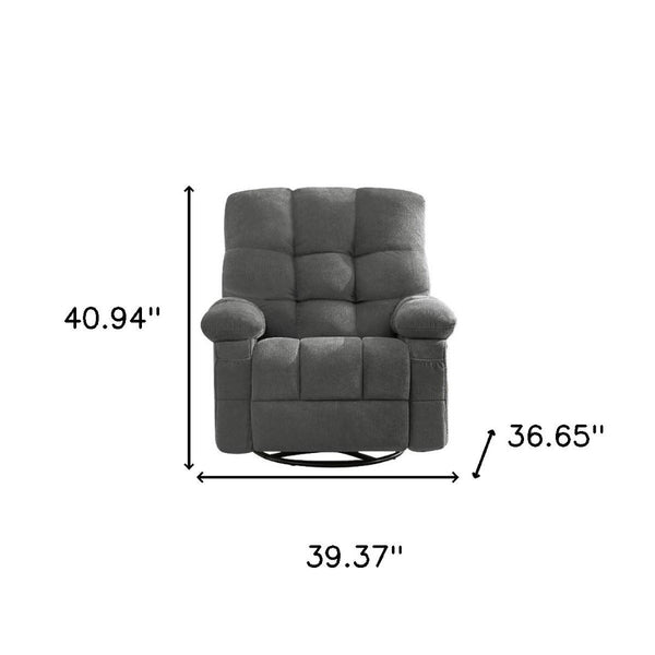 HomeRoots 39" Gray Tufted Chenille Heated Massage Recliner with USB, Rocker, Swivel, and Storage Solutions 692818