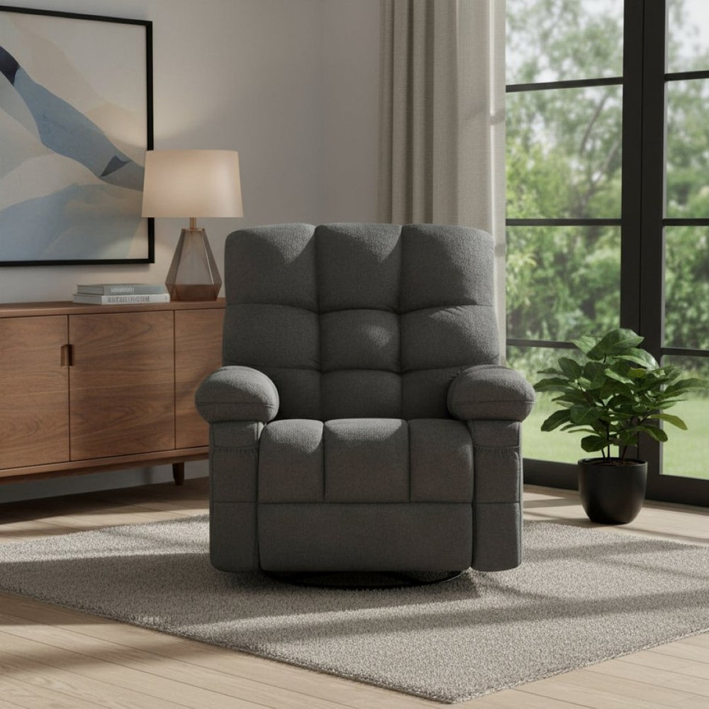 HomeRoots 39" Gray Tufted Chenille Heated Massage Recliner with USB, Rocker, Swivel, and Storage Solutions 692818