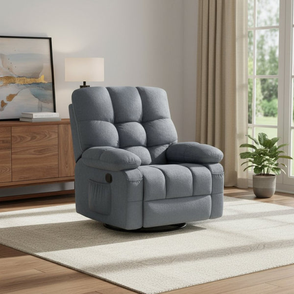 HomeRoots 39" Blue Tufted Chenille Heated Massage Recliner - Swivel Rocker with USB for Ultimate Comfort & Style 692819