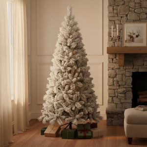 HomeRoots 6' Slender Flocked Pine Christmas Tree - Elegant Snow-Dusted Design for Space-Saving Holiday Decor 72 692833