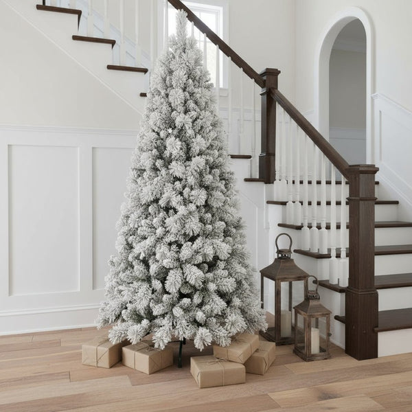 HomeRoots 6' Slender Flocked Pine Christmas Tree - Elegant Snow-Dusted Design for Space-Saving Holiday Decor 84 692834