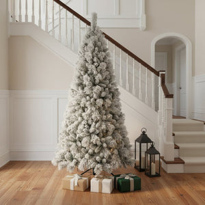 HomeRoots 9' Elegant Slender Flocked Pine Christmas Tree – Chic, Space-Saving Design for Your Holiday Decor 108 692837