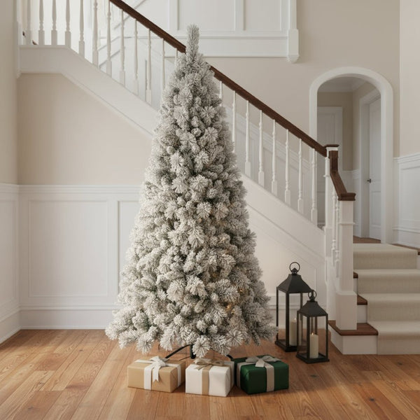 HomeRoots 9' Elegant Slender Flocked Pine Christmas Tree – Chic, Space-Saving Design for Your Holiday Decor 108 692837