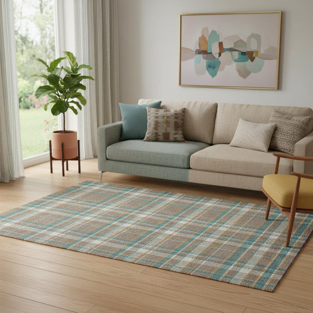 HomeRoots 5' X 8' Taupe Ivory Teal Plaid Area Rug - Washable, UV Protected, Non-Slip, Perfect for Busy Homes! 692840