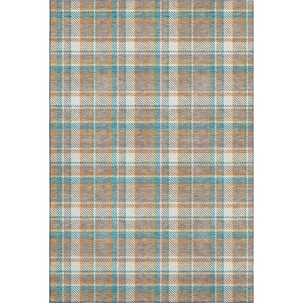 HomeRoots 5' X 8' Taupe Ivory Teal Plaid Area Rug - Washable, UV Protected, Non-Slip, Perfect for Busy Homes! 692840