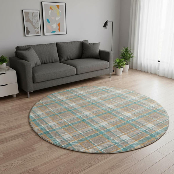 HomeRoots 8' X 8' Washable Round Rug in Taupe, Ivory & Teal Plaid - Durable, UV Protected, Perfect for Homes 692841