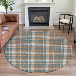 HomeRoots 8' X 8' Washable Round Rug in Taupe, Ivory & Teal Plaid - Durable, UV Protected, Perfect for Homes 692841
