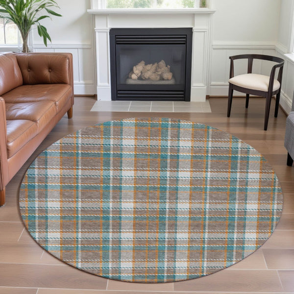 HomeRoots 8' X 8' Washable Round Rug in Taupe, Ivory & Teal Plaid - Durable, UV Protected, Perfect for Homes 692841